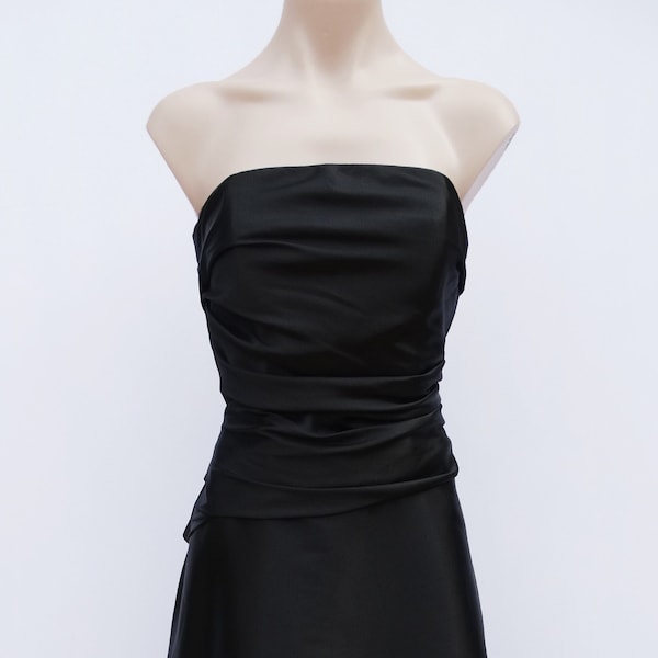 Vintage VTG 90s Black Satin Strapless Ruched Asymmetric Party Dress S! Cocktail Glam Vamp Gothic Prom
