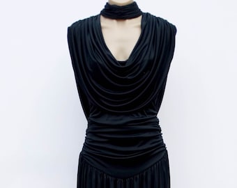 Vintage VTG 70s 80s Black Draped Ruched Choker Backless Coffin Midi Evening Dress M! Vamp Gothic Deco