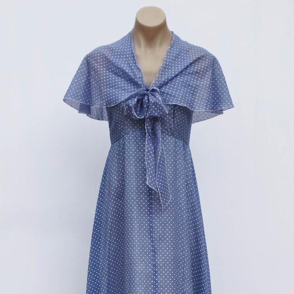 Vintage VTG 60s 70s Blue Polka-dot Plunge Cut-out Maxi Dress With Capelet 2 Piece Set XS! Boho Hostess Wedding