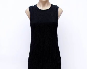 Vintage VTG 1990s Y2k Black Country Road Textured Crinkle Metallic Rose Fabric Knee-length Dress L! Gothic Minimal