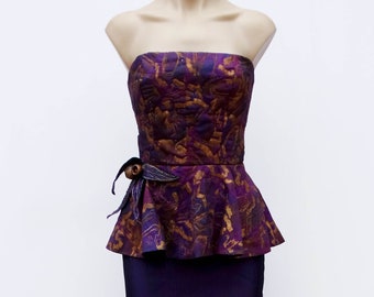 Vintage VTG 80s Purple Gold Metallic Hand-painted Gumnut Strapless Peplum Party Dress M! Fairy Ball Prom Cocktail