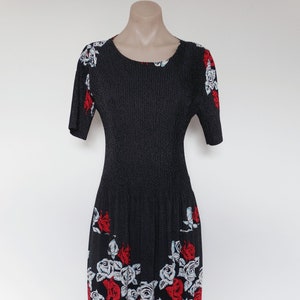 Vintage VTG 1980s Schwarz Weiß Rot Rose Polka Dot Print Print kleine Falten Taschen Day Tea Kleid L! Boho Romantisch