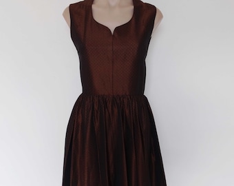 Vintage VTG 1960s Metallic Brown Copper Textured Full Skirt Party Dress S! Cocktail Pin-up