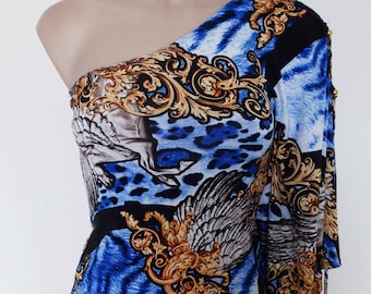 Vintage VTG jaren 90 weelderige barokke pegasus luipaardprint een schouder open engel mouw stretch top XS-S! Boho y2k-disco