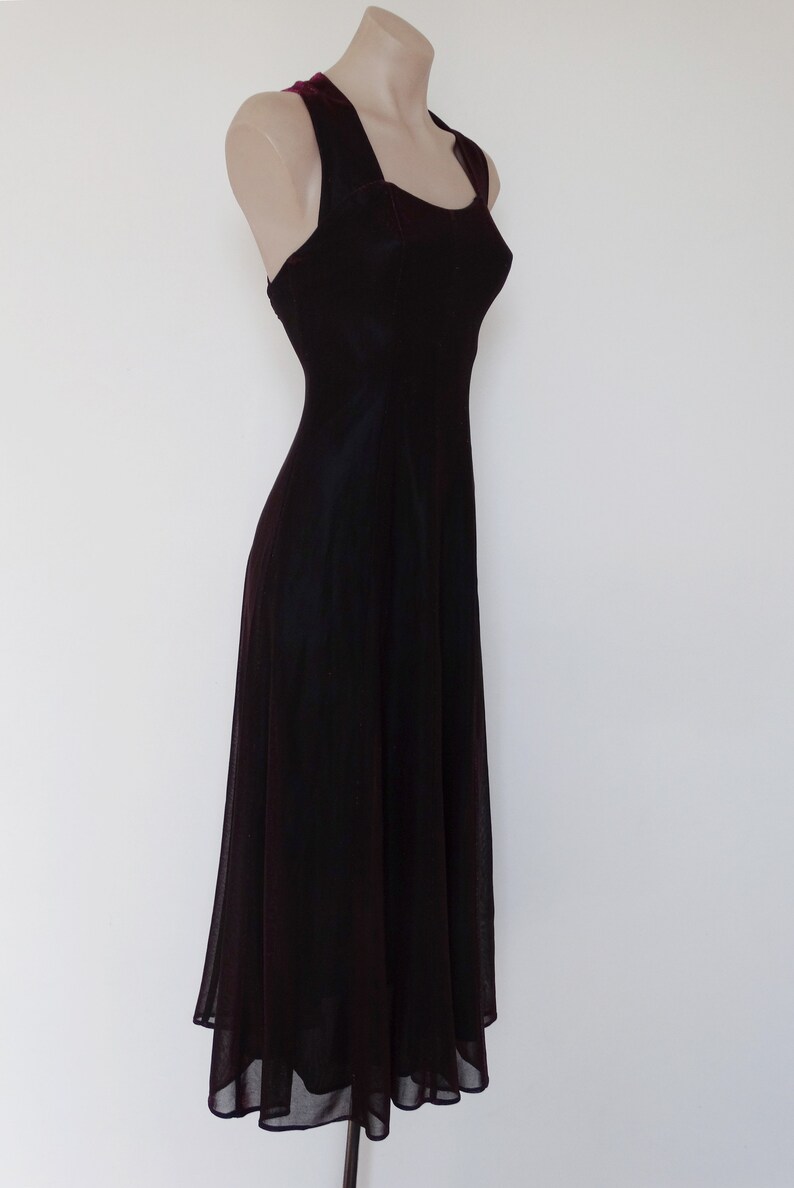 Gothic Glam Clubwear Vintage VTG 90s Y2K Metallic Hot Pink Black Mesh Criss Cross Back Maxi Dress Gown XS