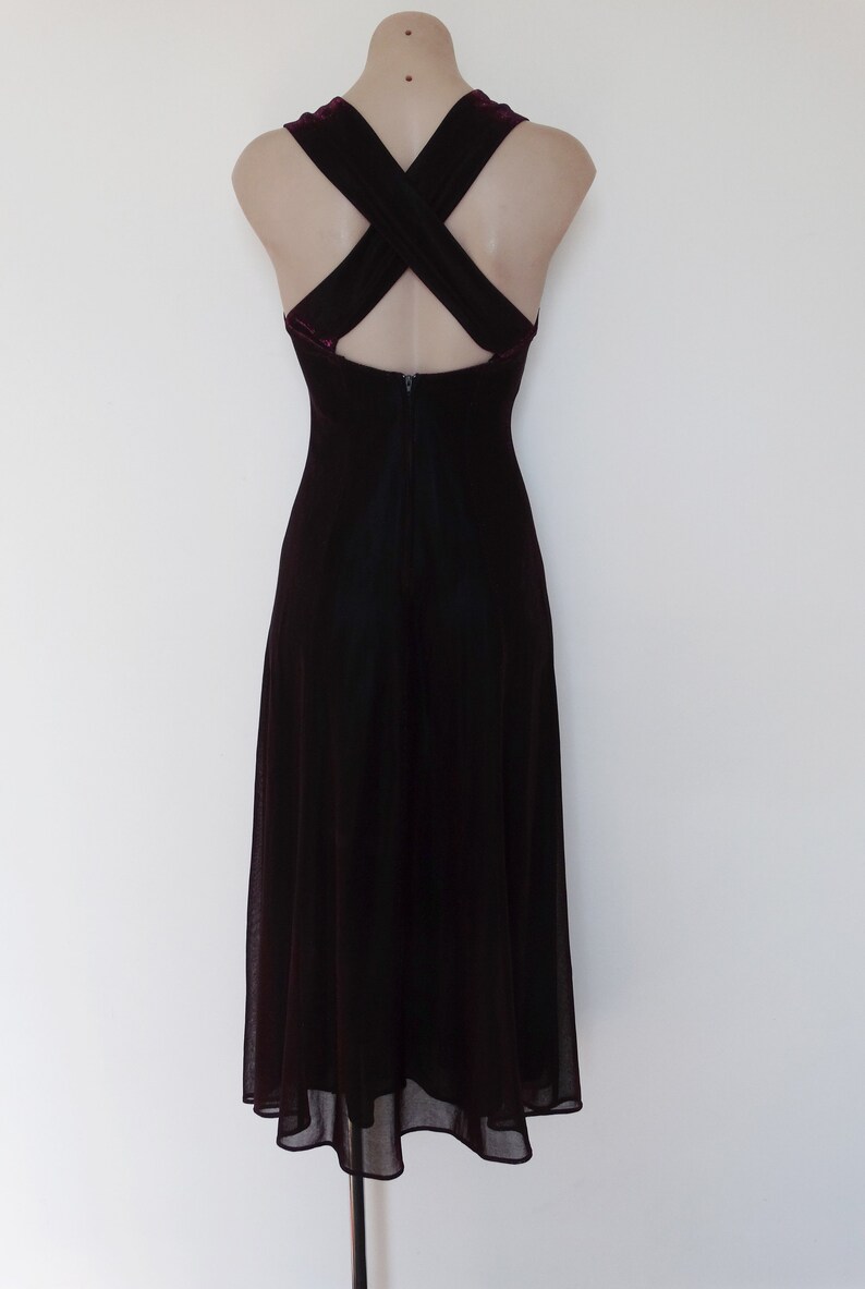 Gothic Glam Clubwear Vintage VTG 90s Y2K Metallic Hot Pink Black Mesh Criss Cross Back Maxi Dress Gown XS