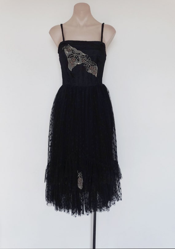 Vintage VTG 80s Black Tiered Lace Tulle Floral App
