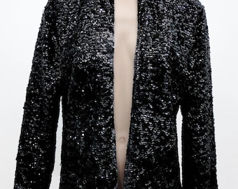 Vintage VTG 80s Jet Black Sequin Evening Jacket Blazer M! Glam Rocker Retro Desperately Seeking Susan
