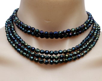 Vintage VTG Estate Czech Multi-Strand Iridescent Faceted Glass Beaded Choker Style Necklace! Deco Glam Jewellery