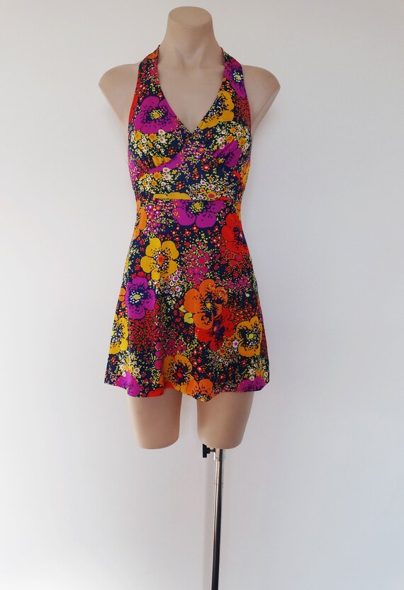 Vintage VTG 60s Vibrant Floral Print Halter Micro