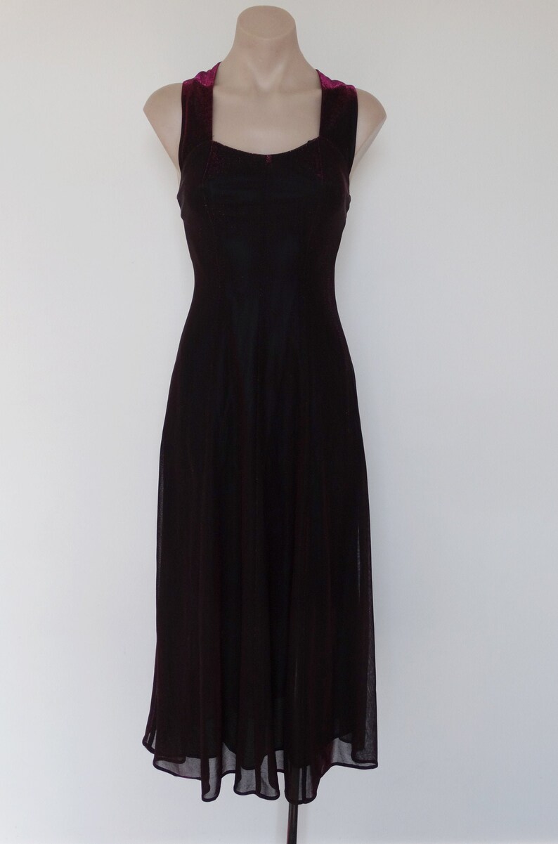 Gothic Glam Clubwear Vintage VTG 90s Y2K Metallic Hot Pink Black Mesh Criss Cross Back Maxi Dress Gown XS