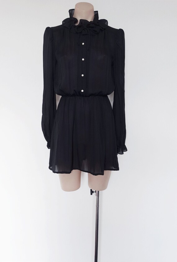 Vintage VTG 70s Black Semi-Sheer Striped Ruffle Se