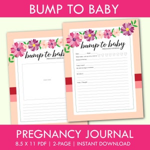 Może przedstawiać: Dwustronny, drukowany dziennik ciąży z różowo-białym wzorem kwiatowym. Dziennik zawiera sekcje do śledzenia spożycia wody, nastroju, ochoty na jedzenie i aktualizacji dotyczących dziecka. Tytuł dziennika to "Bump to Baby Pregnancy Journal".