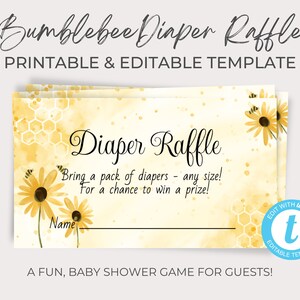 Boleto de rifa de pañales Bumbleebee, plantilla editable, juego de baby shower