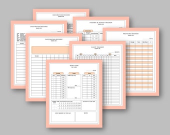 Könnte beinhalten: Ein Satz druckbarer Baby-Pflege-Tracker in Rosa und Weiß. Die Tracker umfassen einen Impfpass, einen Fütterungs- und Windel-Tracker, einen Schlaf-Tracker, einen Medikamenten-Tracker und ein tägliches Pflegeprotokoll.