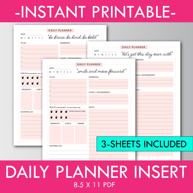 Daily Planner Pink, Planner Insert, ARC System, Binder Inserts, Instant ...