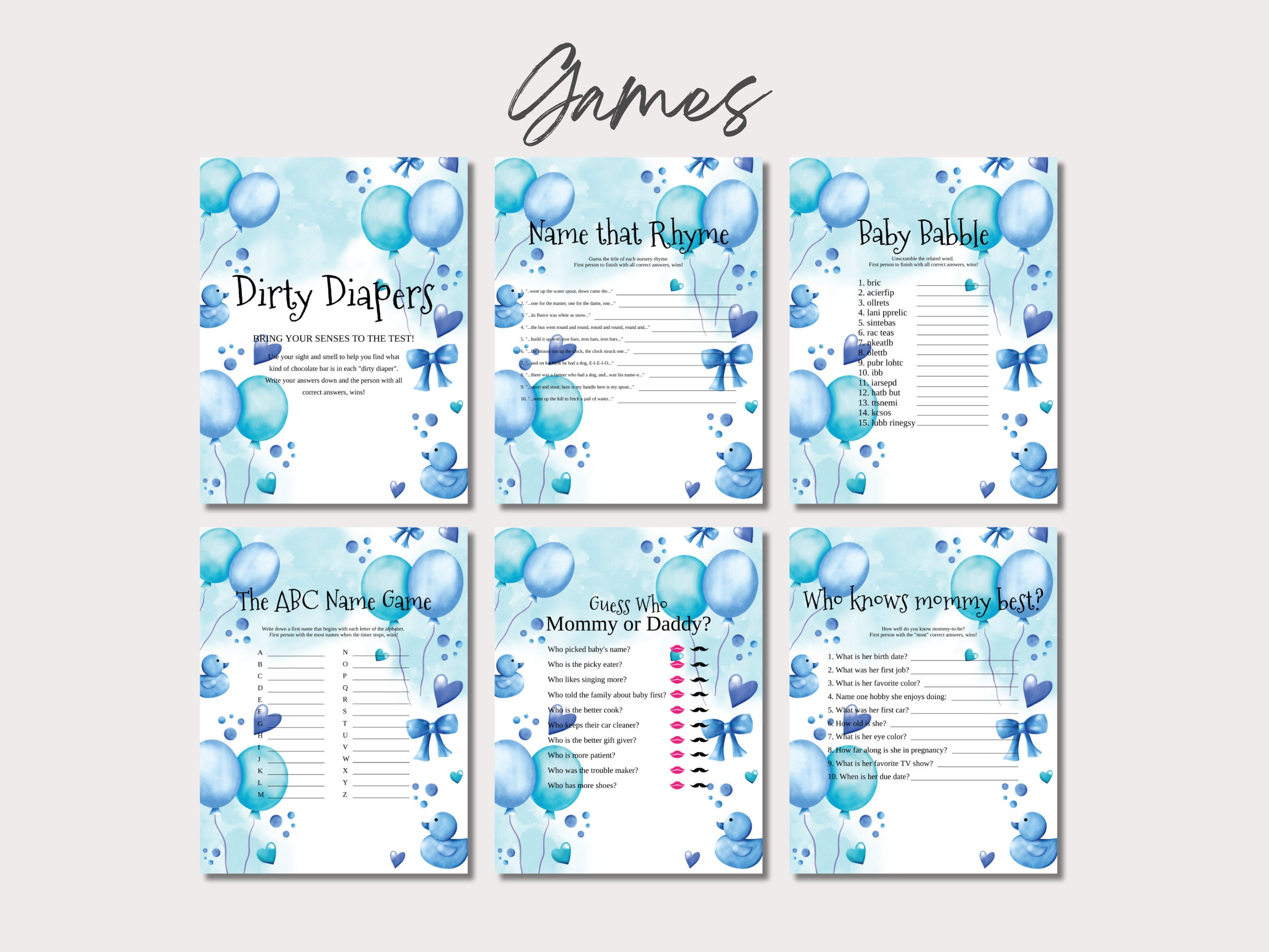 Blue Watercolor Baby Shower, 30 Mega Pack Printable Games, Boy Baby ...
