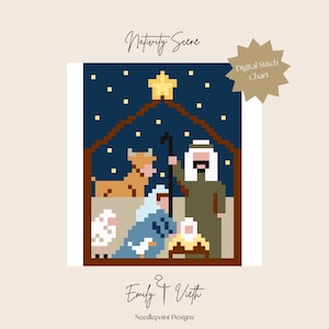 May include: A digital needlepoint chart depicting a pixelated nativity scene with a star, a cow, a sheep, a shepherd, Mary, Joseph, and baby Jesus in a manger. The chart is titled "Nativity Scene" and is by Emily & Vieth Needlepoint Designs.