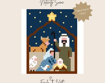 May include: A digital needlepoint chart featuring a pixelated nativity scene with a star, a cow, a sheep, a shepherd, Mary, Joseph, and baby Jesus in a manger. The chart is titled "Nativity Scene" and is by Emily & Vieth Needlepoint Designs.