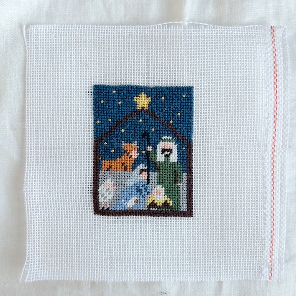 Hand Painted Needlepoint Canvas Nativity Scene Ornament