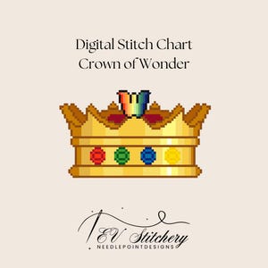 May include: Digital stitch chart for a gold crown with red, green, blue, and yellow jewels. The crown has a rainbow-colored 'W' on top. The text 'Crown of Wonder' is above the crown.