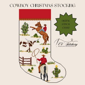 May include: A digital stitch chart for a Cowboy Christmas Stocking featuring a red cuff and a white body with pixelated illustrations of cowboys on horses, a longhorn, cacti decorated with lights, a wooden fence, and a lasso. Text reads: COWBOY CHRISTMAS STOCKING and TEV Stitchery NEEDLEPOINT DESIGNS.