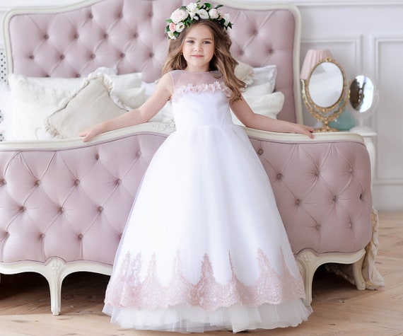 White Flower Girl Dress Blush junior bridesmaid dress Lace | Etsy