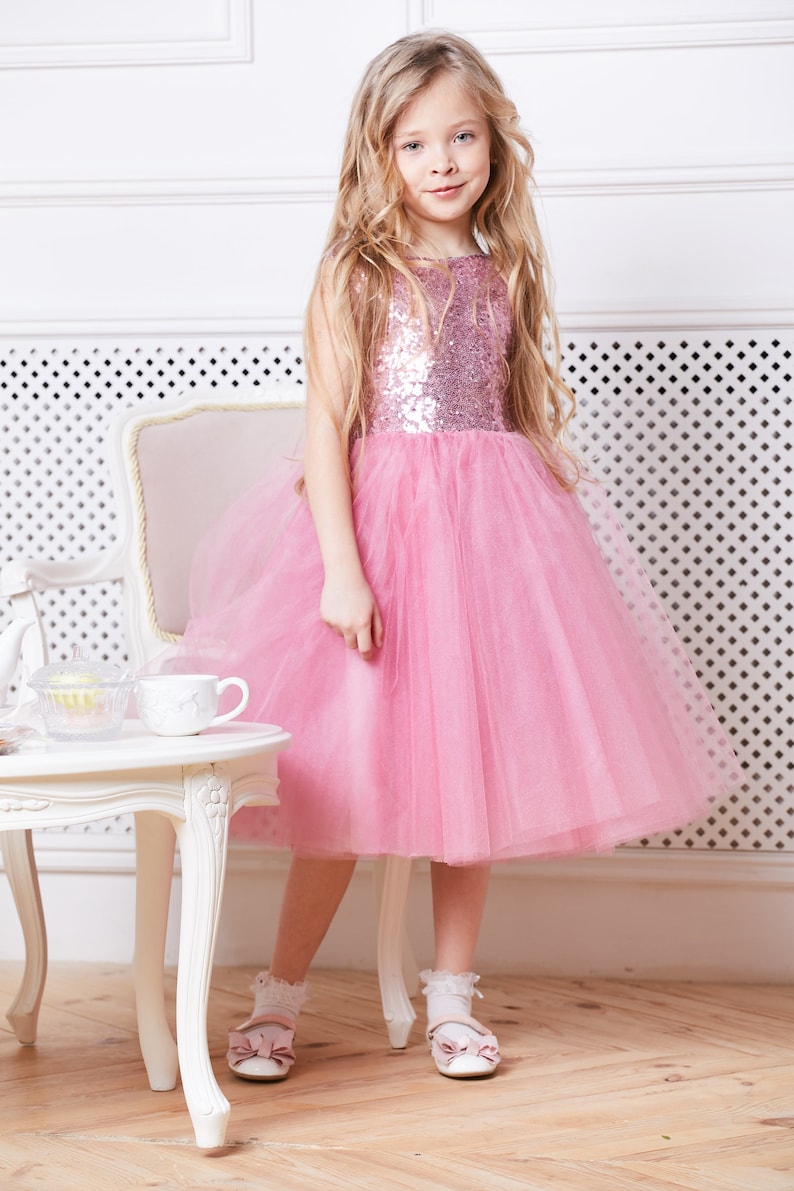 Blush Pink Flower Girl Dress With Sparkling Sequins Birthday Etsy