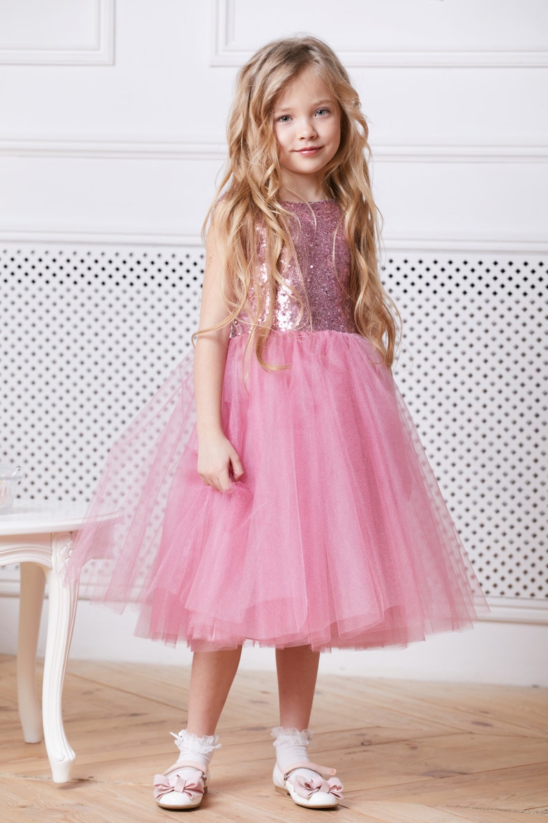 Blush Pink Flower Girl Dress With Sparkling Sequins Birthday Etsy