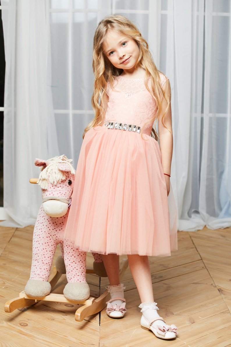 Peach flower girl dress tulle Junior bridesmaid dress lace Toddler formal dress Wedding dress Kid dress Birthday dress Lace bridesmaid dress