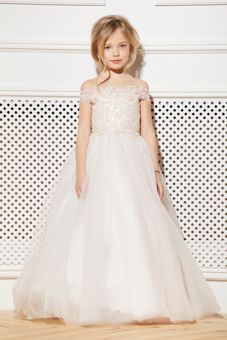 Blush Flower Girl Dress Cream Tulle Rose Guipure Tutu Birthday Wedding Kids Pink Lace Satin Junior Bridesmaid Ballerina Baby Formal Party
