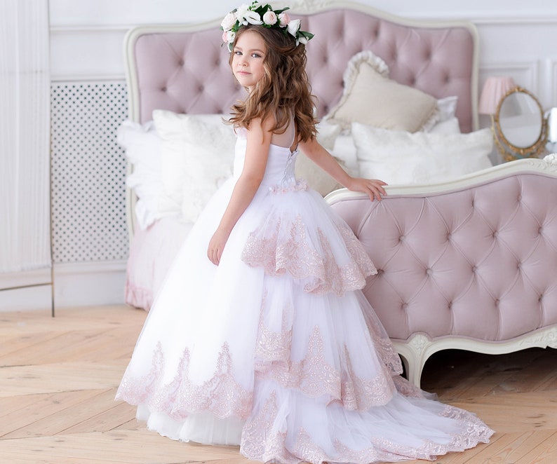 White Flower Girl Dress With Train Blush Junior Bridesmaid Etsy