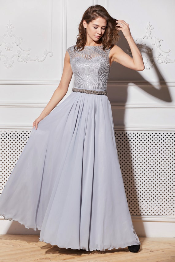 silver gray long gown