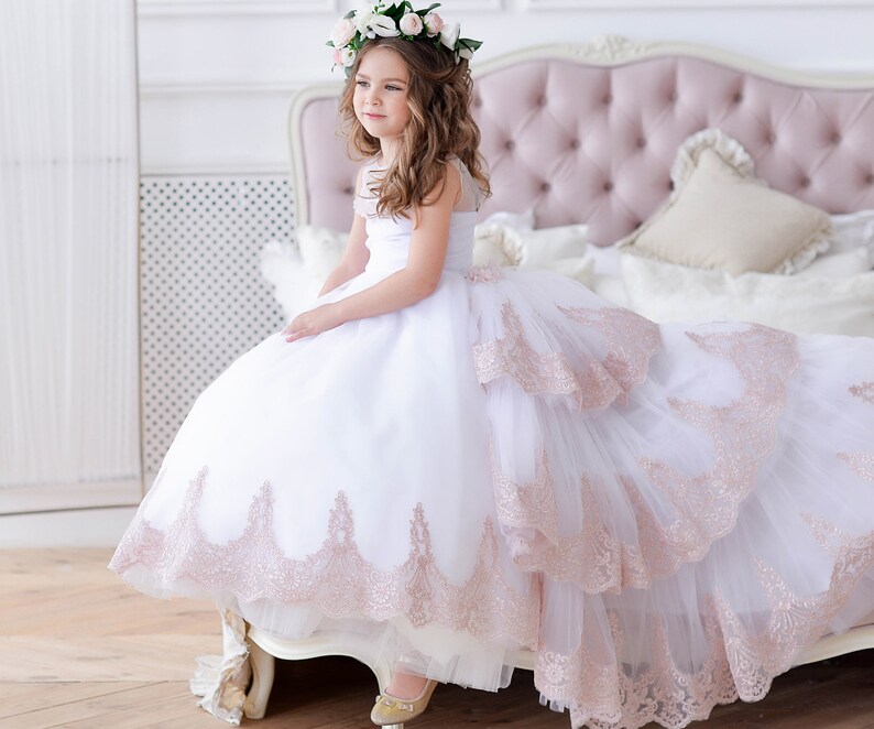 White Flower Girl Dress With Train Blush Junior Bridesmaid Etsy