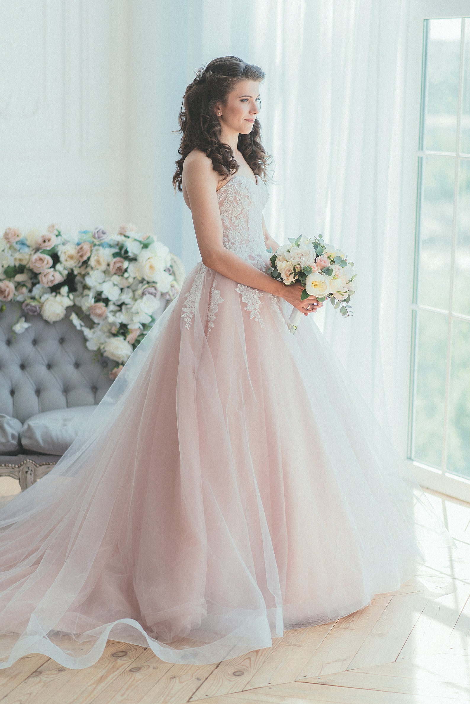 Blush Tulle Wedding Dress Bridal Gown Lace Wedding Dress Etsy