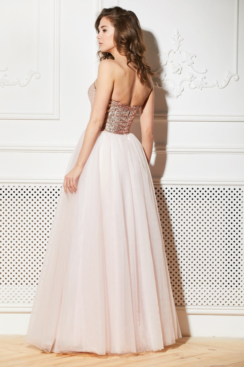 Blush Evening Dress Sequins Gown Flower Satin Rose Tulle Prom Etsy