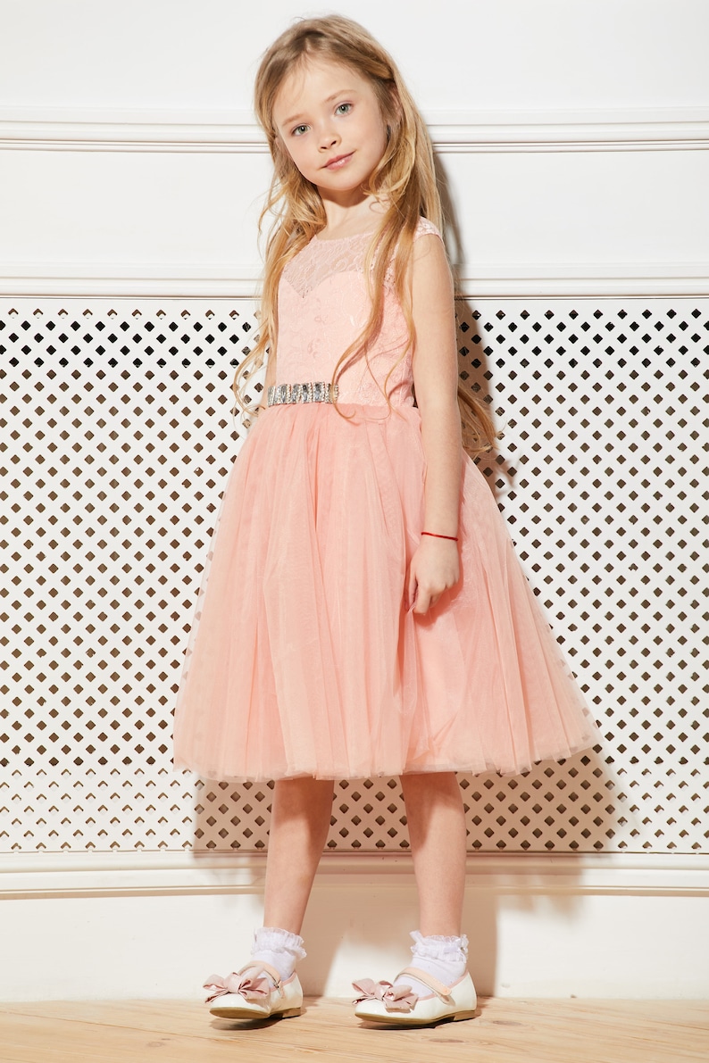 Peach flower girl dress tulle Junior bridesmaid dress lace Toddler formal dress Wedding dress Kid dress Birthday dress Lace bridesmaid dress