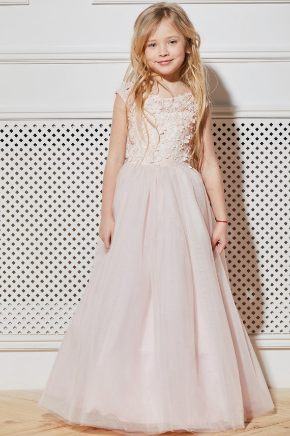Blush Flower Girl Dress Cream Tulle Rose Guipure Tutu Birthday Wedding Kids Pink Lace Satin Junior Bridesmaid Ballerina Baby Formal Party