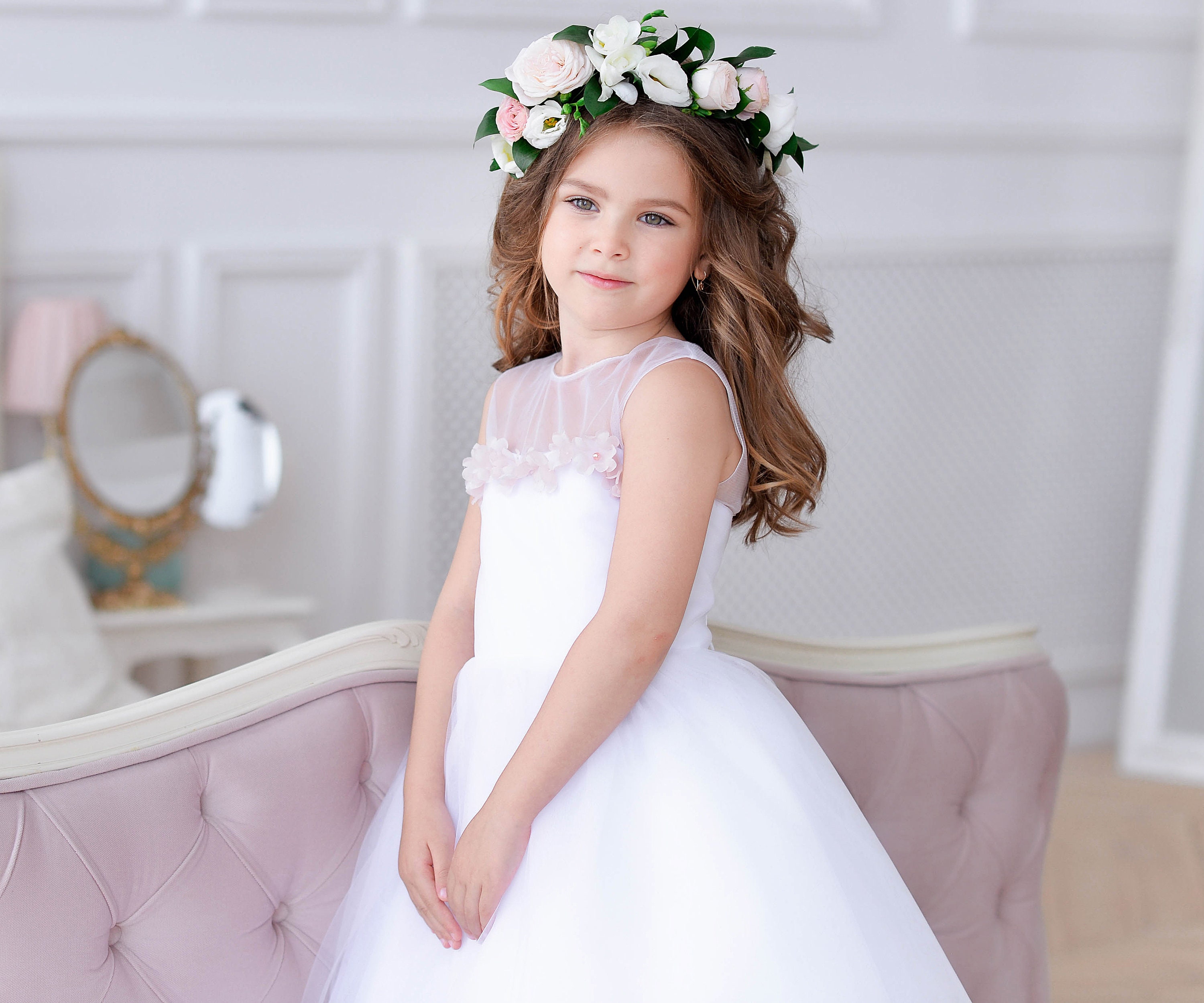 White Flower Girl Dress Blush junior bridesmaid dress Lace | Etsy