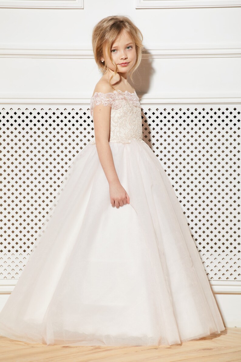 Blush Flower Girl Dress Cream Tulle Rose Guipure Tutu Birthday Wedding Kids Pink Lace Satin Junior Bridesmaid Ballerina Baby Formal Party