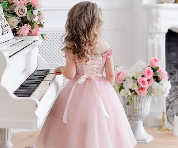 Blush Flower Girl Dress Cream Tulle Rose Guipure Tutu Birthday Wedding Kids Pink Lace Satin Junior Bridesmaid Ballerina Baby Formal Party