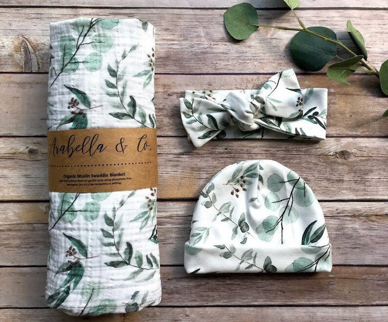 Newborn Swaddle Set Eucalyptus Organic Swaddle Set Leaves Etsy