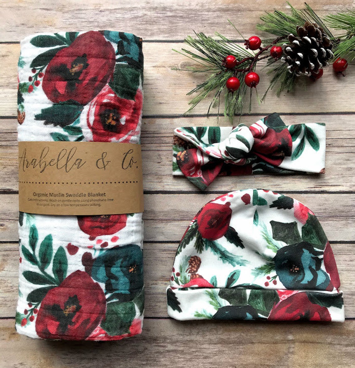 Newborn Swaddle Set Winter Rose Swaddle Blanket Baby Hat Etsy