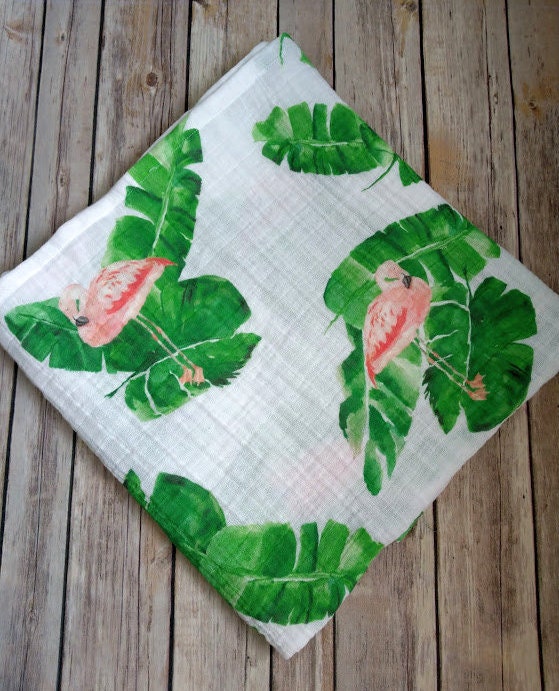 Organic Muslin Swaddle Blanket Flamingos Oversized Baby Etsy