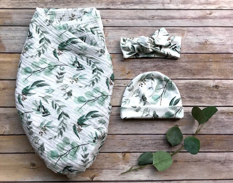 Newborn Swaddle Set Eucalyptus Organic Swaddle Set Leaves Etsy
