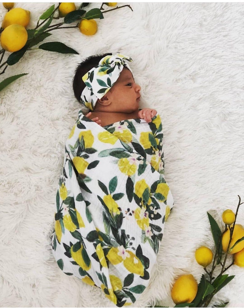 Newborn Swaddle Set Lemon Organic Muslin Swaddle & Headband Etsy