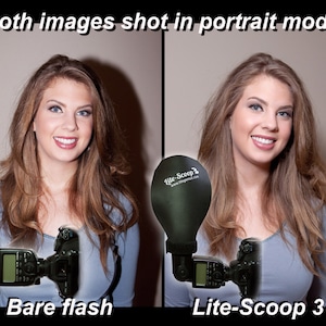 Peut inclure: Deux images d'une femme aux longs cheveux bruns, portant une chemise bleue et souriant. La femme tient un appareil photo avec un flash attaché. L'image de gauche montre le flash nu, tandis que l'image de droite montre le flash avec un diffuseur Lite-Scoop 3 attaché. Le texte "Lite-Scoop 3" est visible sous l'image de droite.