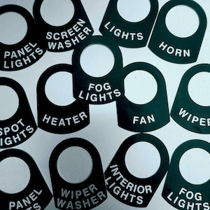 Aluminium Classic Vehicle Switch tags for switches on dashboards, land rover, race cars, boats bikes 14mm hole