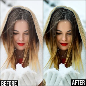 May include: A woman wearing a beige hooded jacket with her hair down, looking down at her hands, which are cupped together, holding a small amount of snow. The background is a snowy landscape.