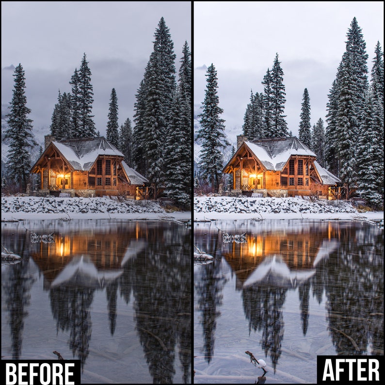 May include: A wooden cabin with snow-covered roof and a porch light on, reflecting in a frozen lake with snow-covered banks and tall evergreen trees in the background.